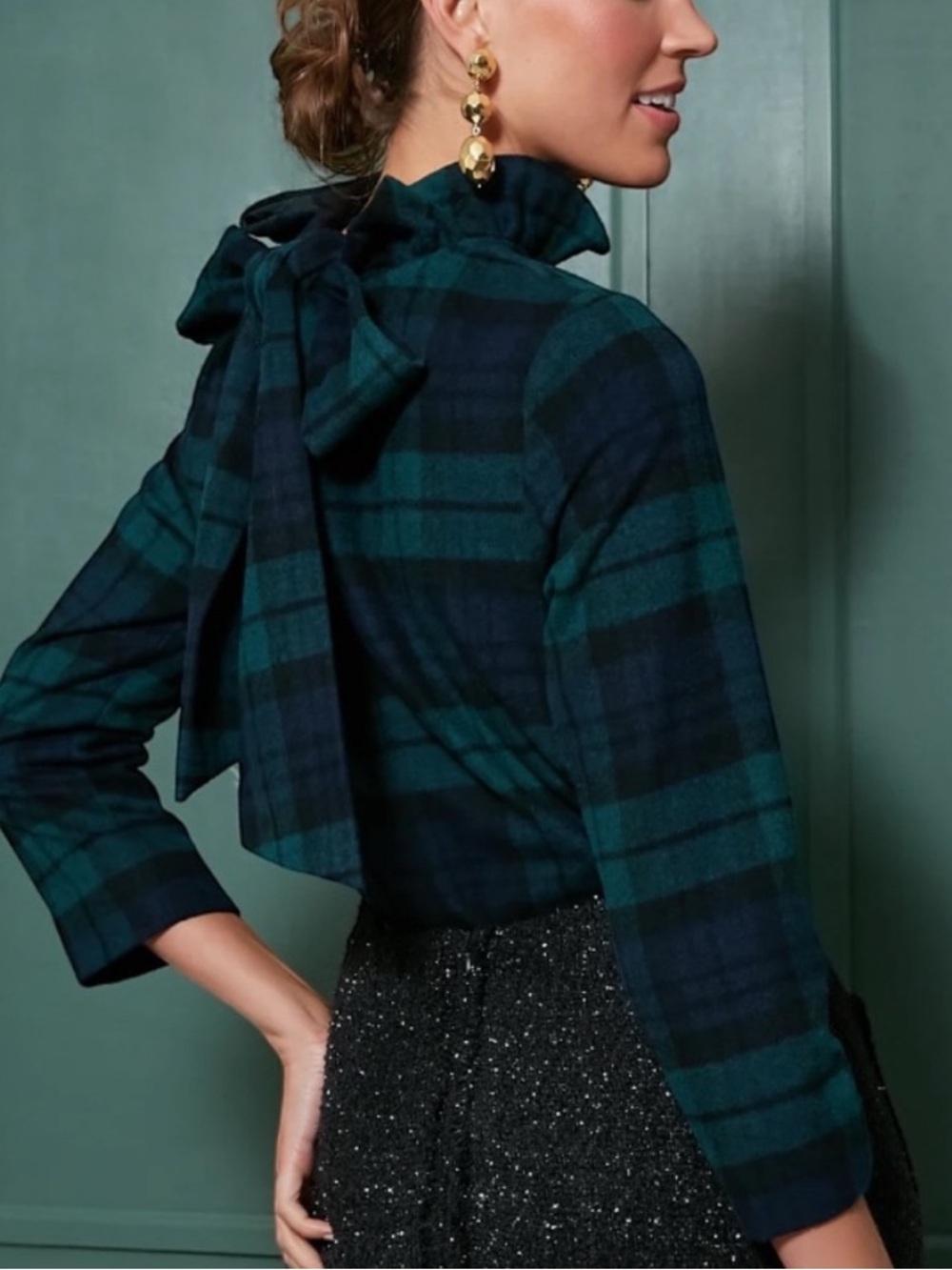 Tuckernuck Plaid Wool Tie-Back Blouse Medium